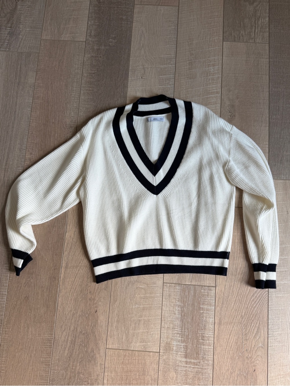 Mango Varsity Ivory V-Neck Ribbed Sweater with Navy Trim